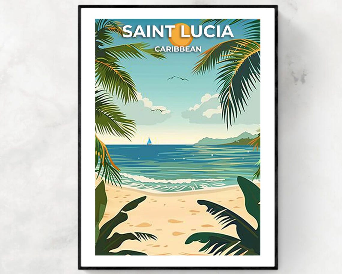 Saint Lucia Caribbean Sunset Beach Poster with Sailboat and Palms