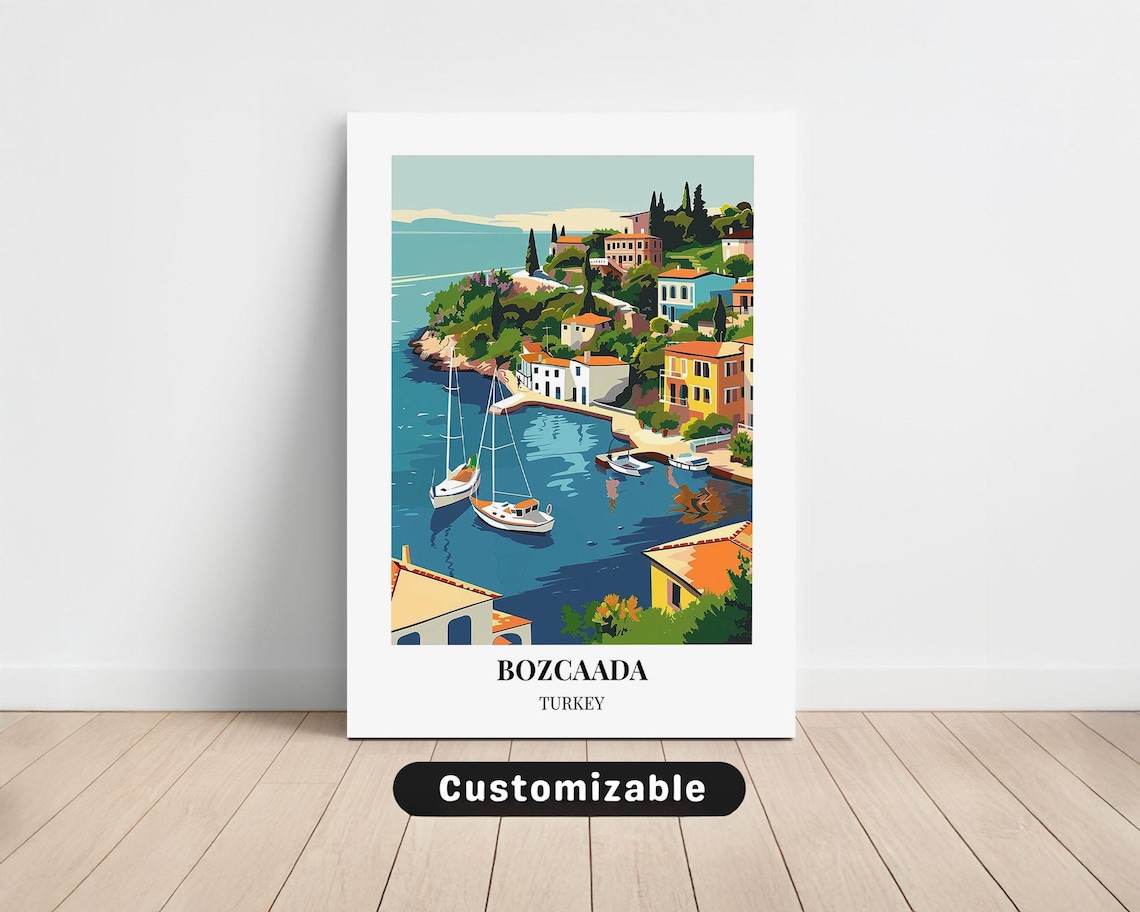 Bozcaada Turkey Island Harbor Sailboats Vintage Travel Poster