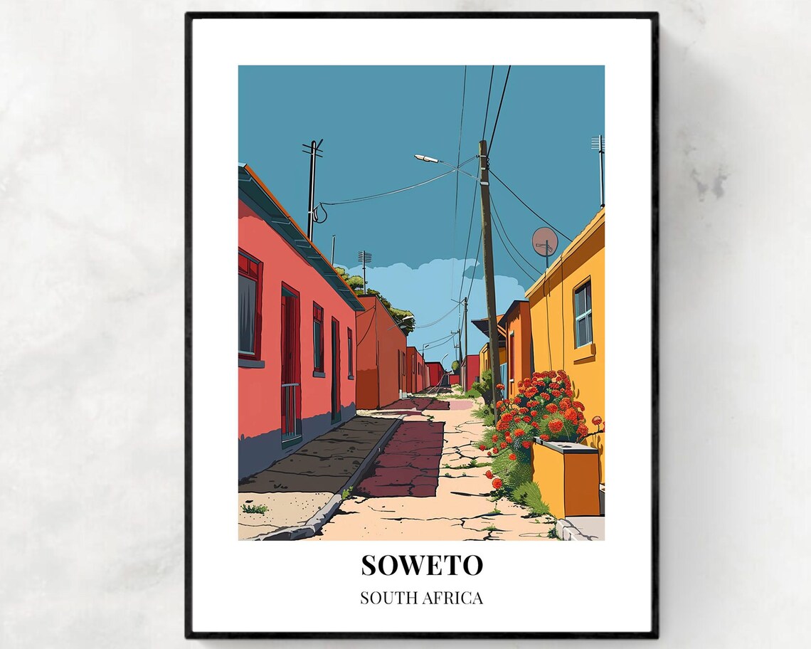Soweto Sunny Street With Coral Houses South Africa Travel Poster