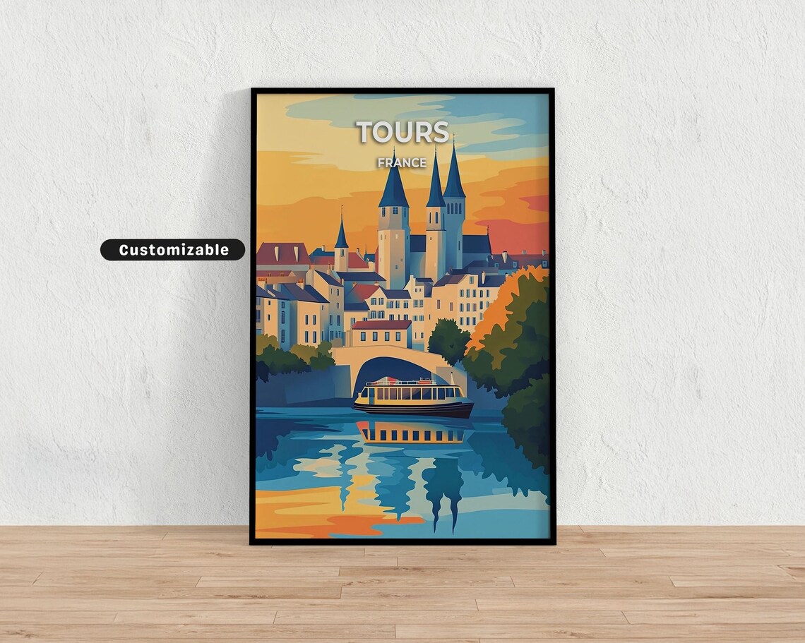 Tours France Cathedral Skyline Sunset River Vintage Travel Poster