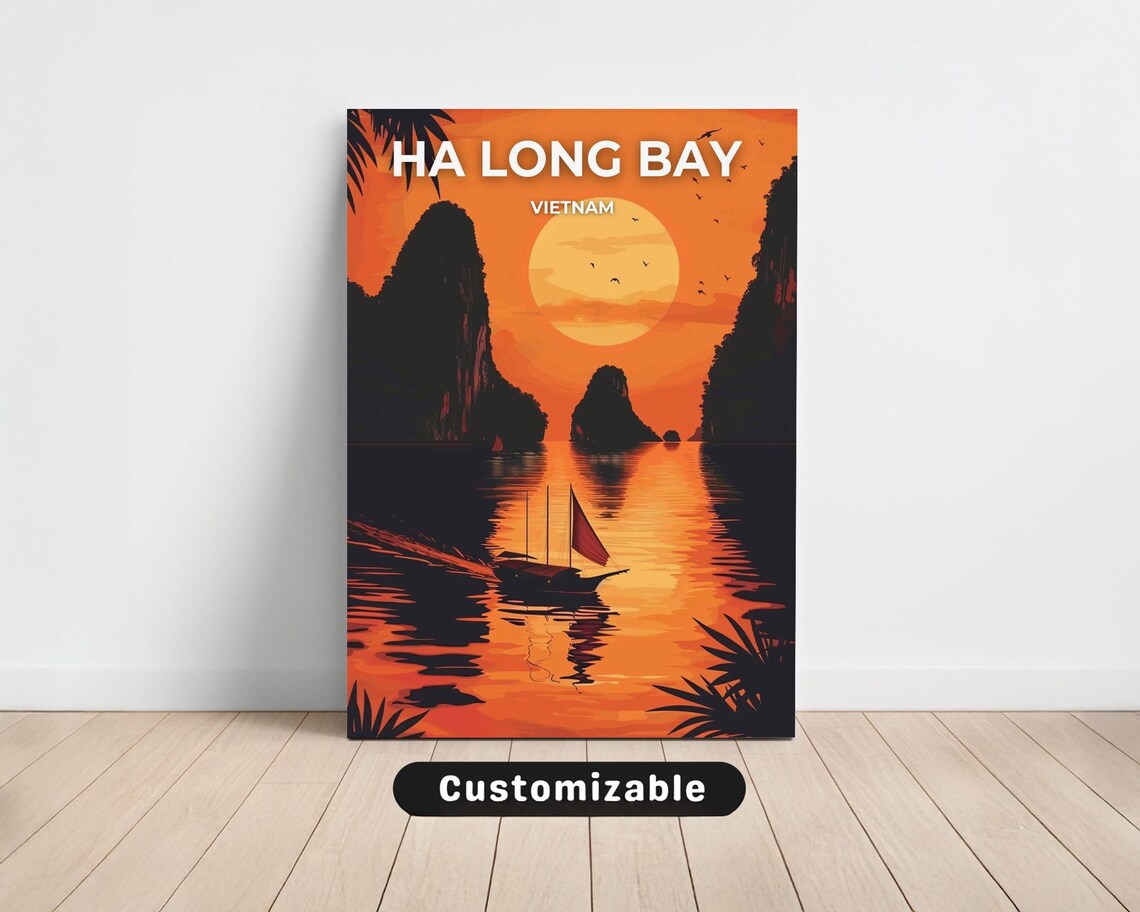 Ha Long Bay Vietnam Sunset Junk Boat Limestone Karsts Travel Poster