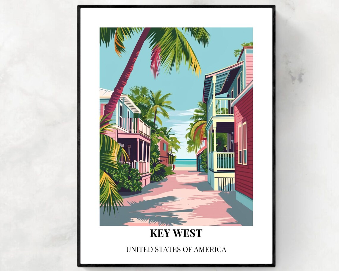 Key West Colorful Beach Street Palms Tropical Style Travel Poster