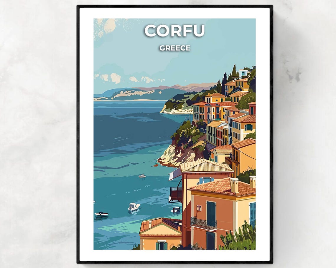 Corfu Greece Colorful Hillside Town Ionian Sea Coastline Poster