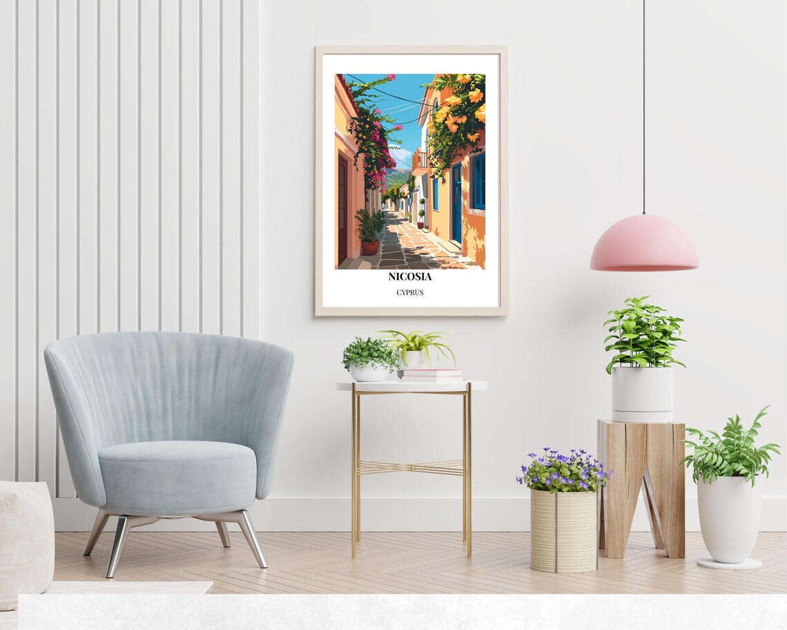 Nicosia Cyprus Flower Lined Old Town Stone Alley Travel Poster - Image 2