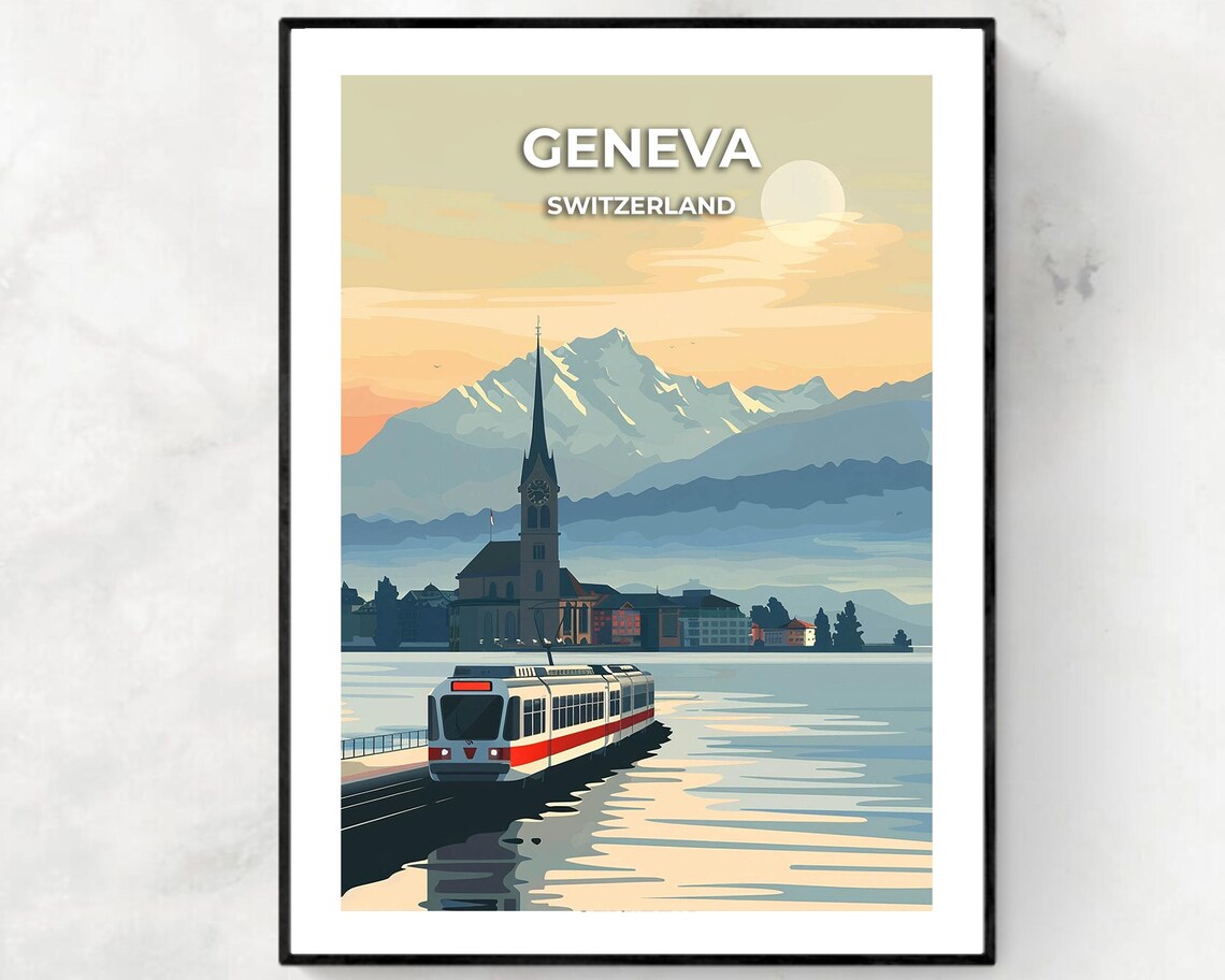 Geneva Switzerland Tram Lake Mountain Sunrise City Travel Poster