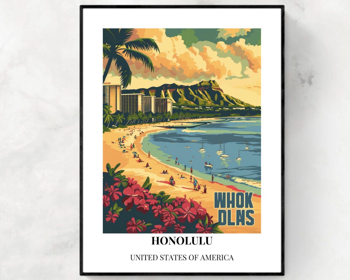 Honolulu Waikiki Beach Diamond Head Classic Caption Travel Poster