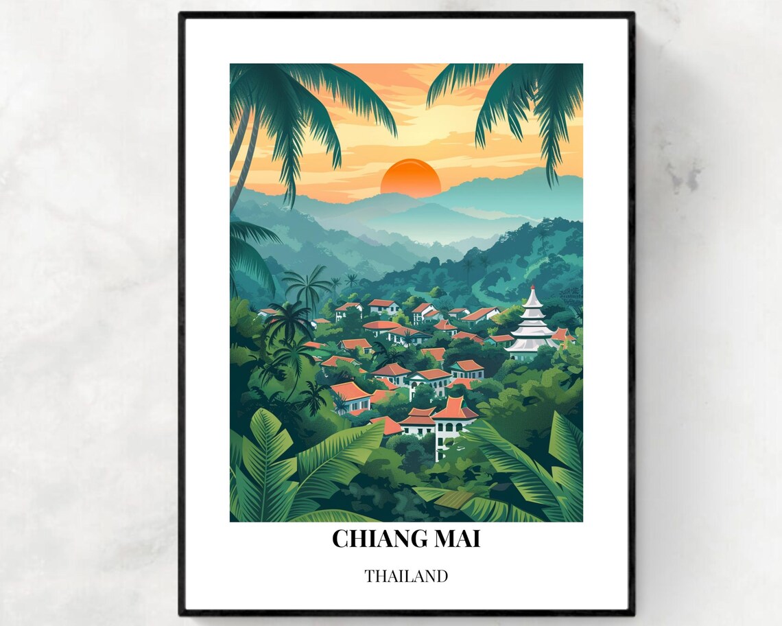 Chiang Mai Thailand Sunset Over Mountain Temple Village Poster