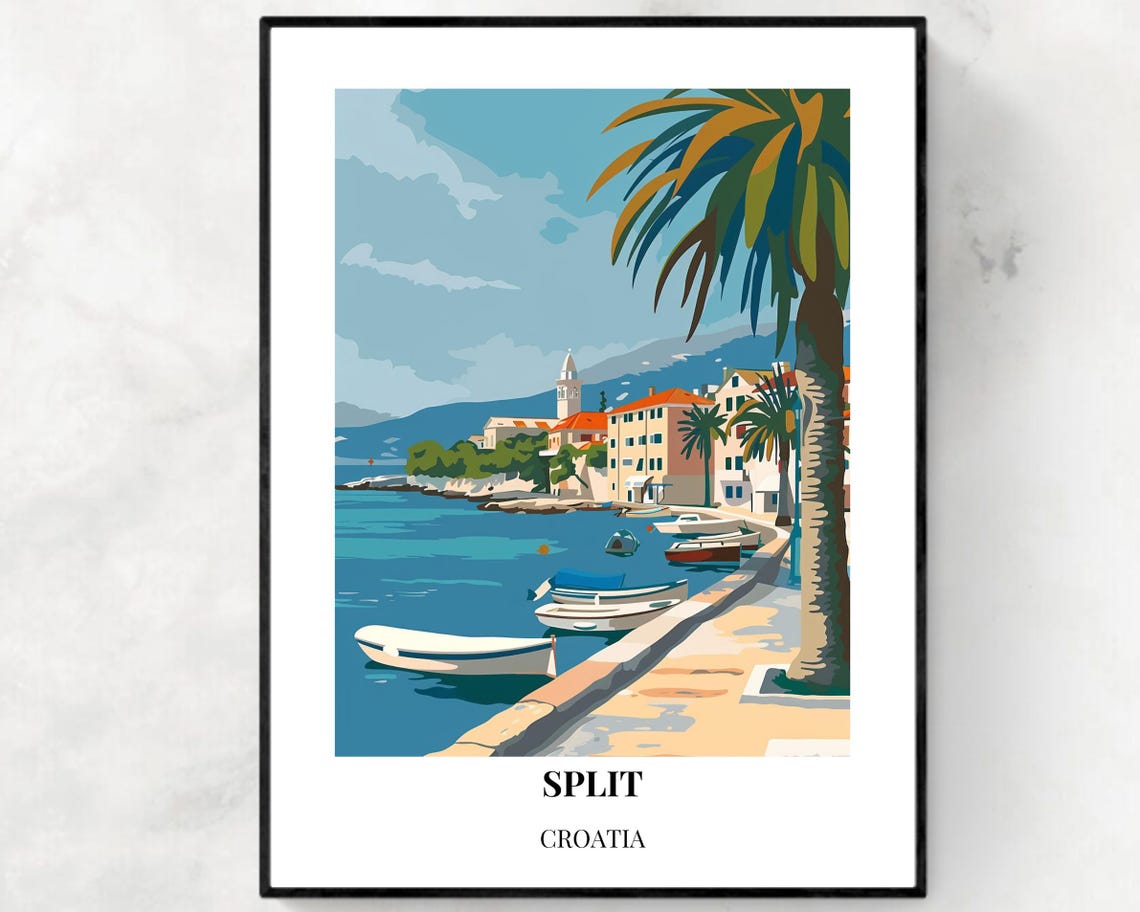 Split Croatia Sunny Promenade with Anchored Boats on Blue Water Poster