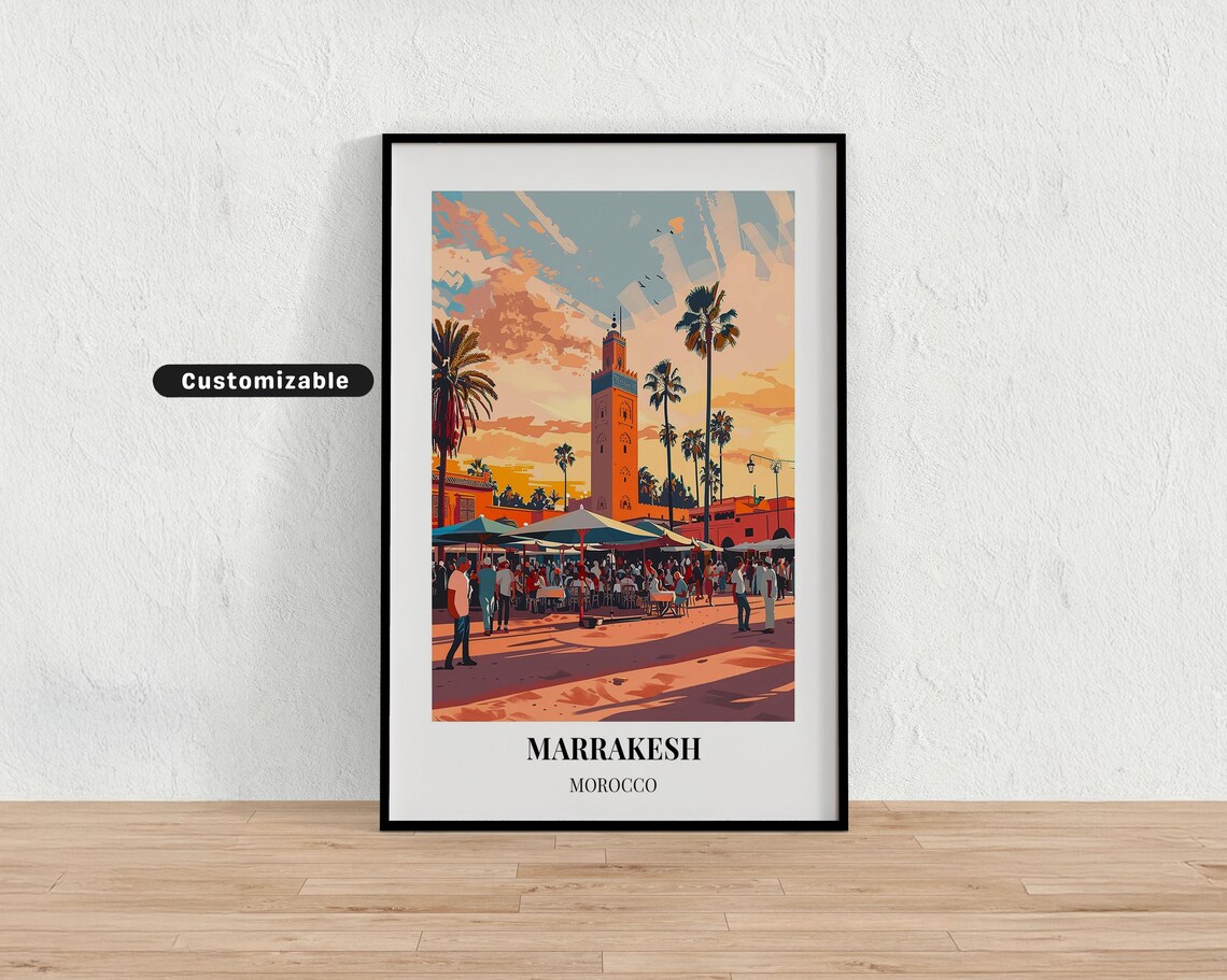 Marrakesh Morocco Market Square Minaret Sunset Travel Poster