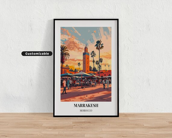 Marrakesh Morocco Market Square Minaret Sunset Travel Poster