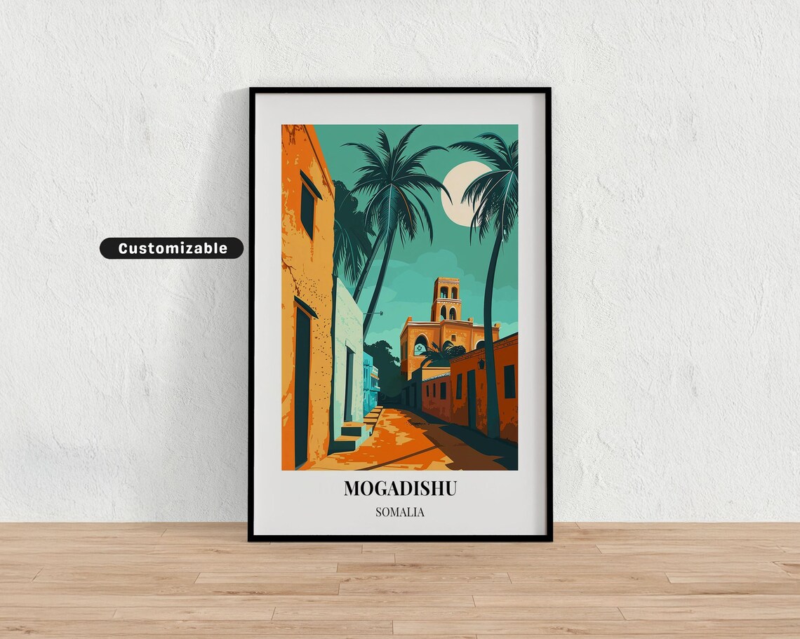 Mogadishu Somalia Travel Poster Old Town Street Palms at Dusk Art