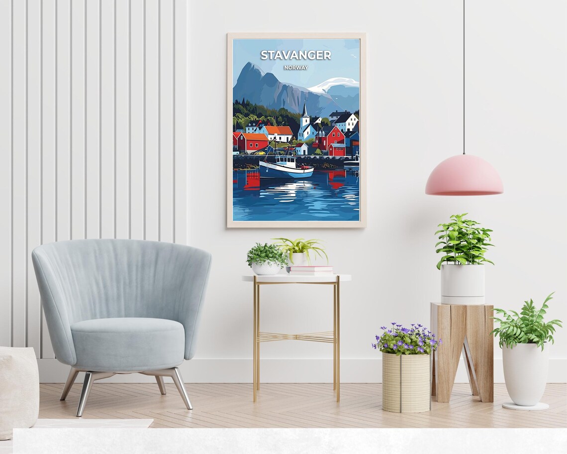 Stavanger Norway Red Boathouse Harbor Fishing Boat Travel Poster - Image 2