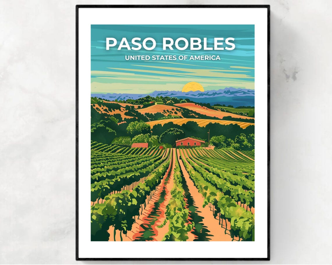 Paso Robles Vineyard Sunset Travel Poster With Overlaid Sky Title