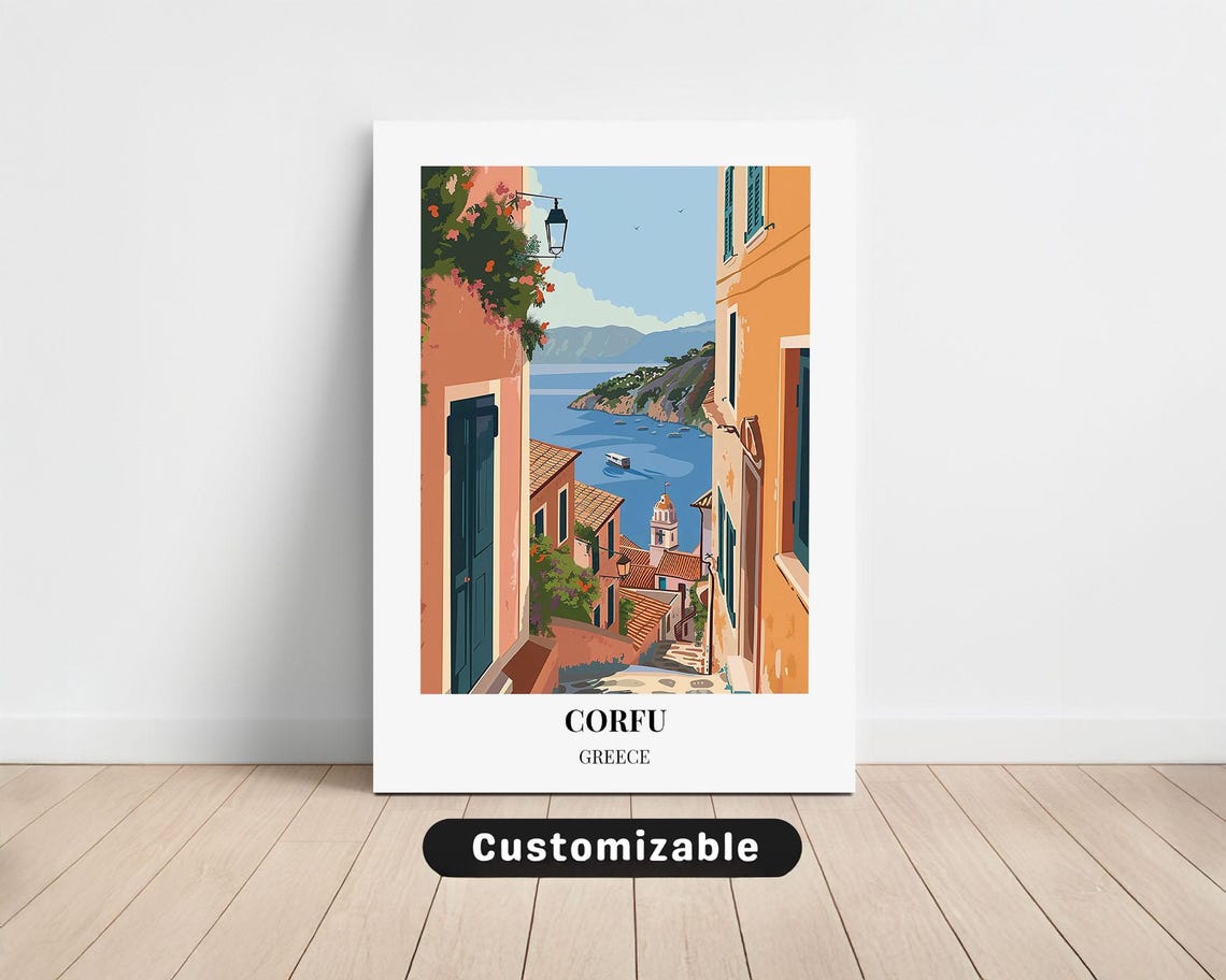 Corfu Greece Coastal Town Alley Sea View Vintage Travel Poster