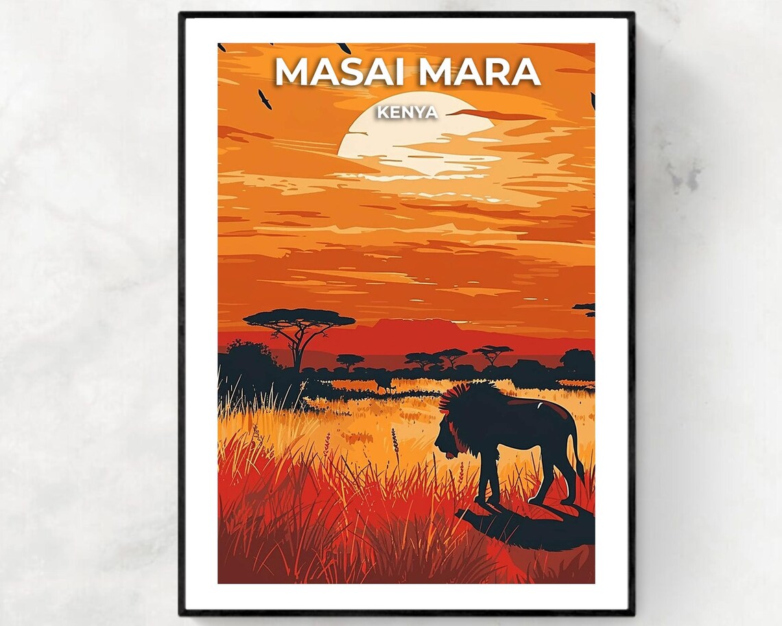 Masai Mara Kenya Lion Silhouette Sunset Savanna Travel Poster