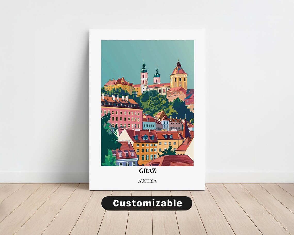 Graz Austria Historic Old Town Churches Vintage Style Travel Poster