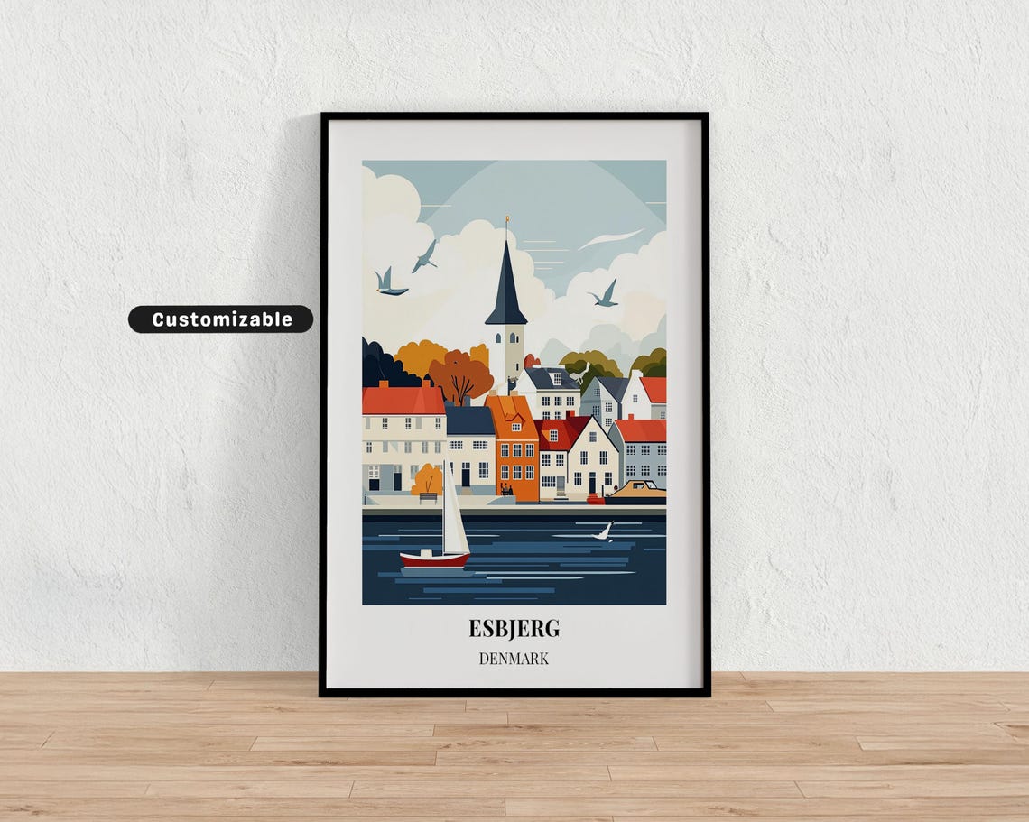 Esbjerg Denmark Harbor Church Spire Sailboat Vintage Travel Poster