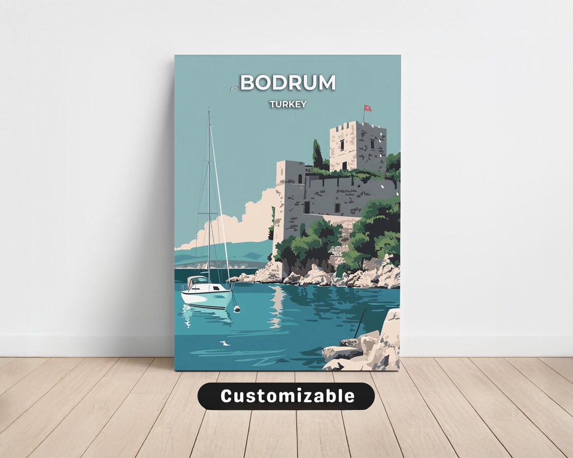 Bodrum Turkey Vintage Sailboat Castle Bay Turquoise Travel Poster