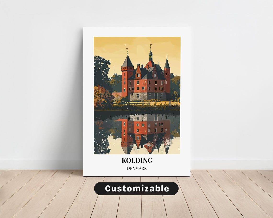Kolding Denmark Red Castle Lake Reflection Vintage Travel Poster