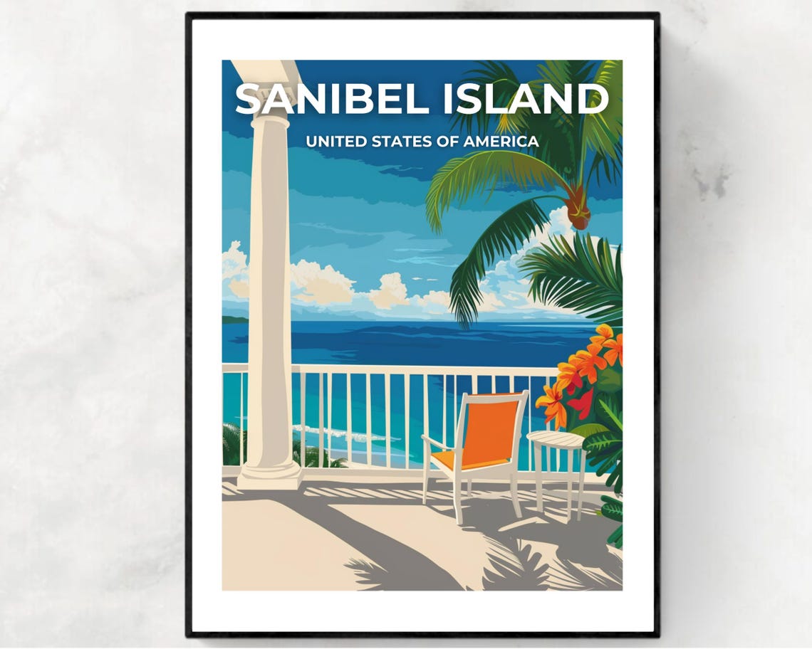 Sanibel Island Florida Tropical Terrace Sea View Retro Travel Poster