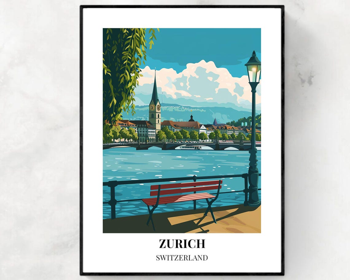 Zurich Lake Promenade with Red Bench and Lamppost Switzerland Poster