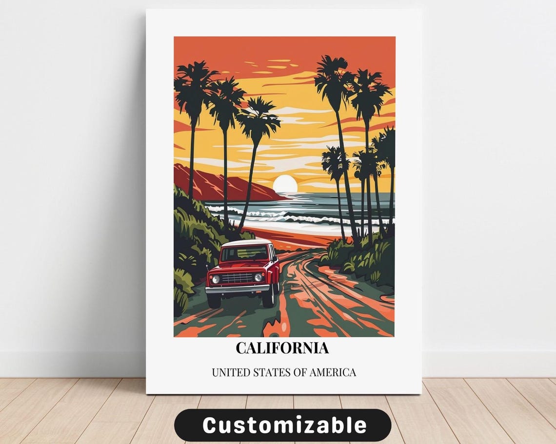 California Sunset Beach Palms Retro Minimal Modern Travel Poster