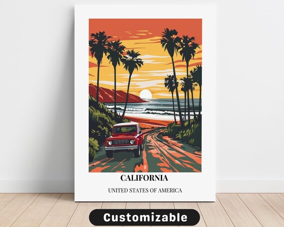 California Sunset Beach Palms Retro Minimal Modern Travel Poster