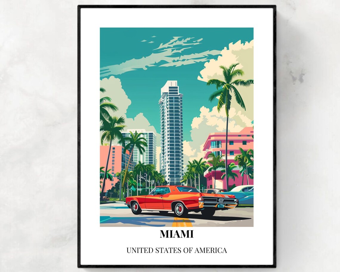 Miami Florida Classic Car Palm Trees Art Deco Sunset Street Poster
