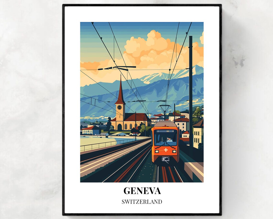 Geneva Switzerland Orange Tram Sunset Alps Backdrop Travel Poster