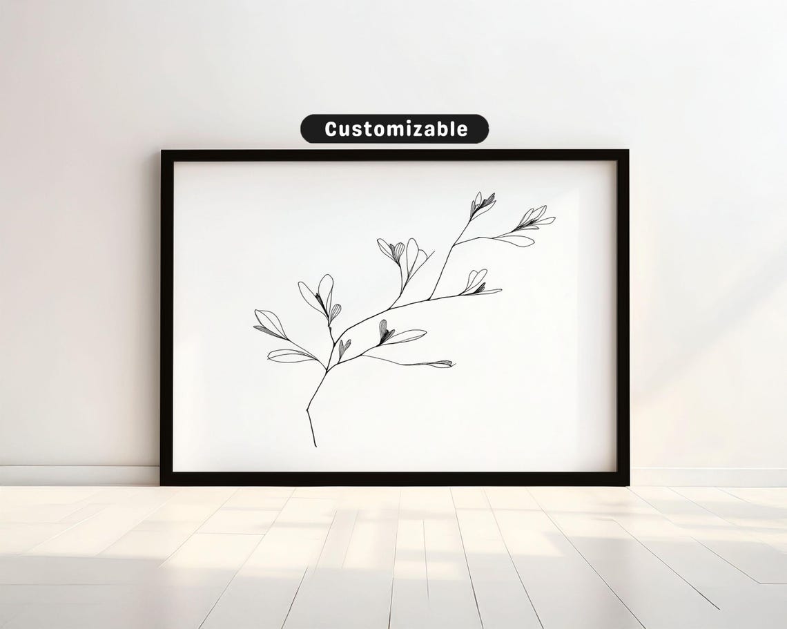 Line Drawing Of Botanical Stem With Minimalist Wall Art Neutral Minimal Print