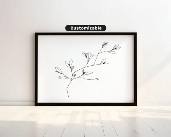Line Drawing Of Botanical Stem With Minimalist Wall Art Neutral Minimal Print