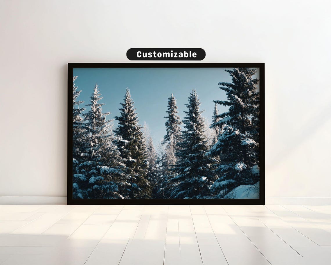 Snowy Evergreen Trees Under Clear Blue Winter Sky Scenic Print