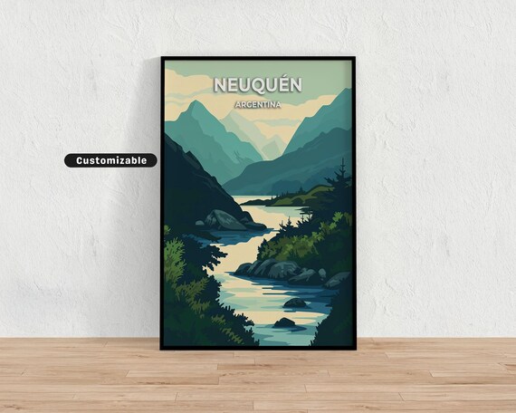 Neuquen Argentina River Valley Blue Mountain Retro Travel Poster