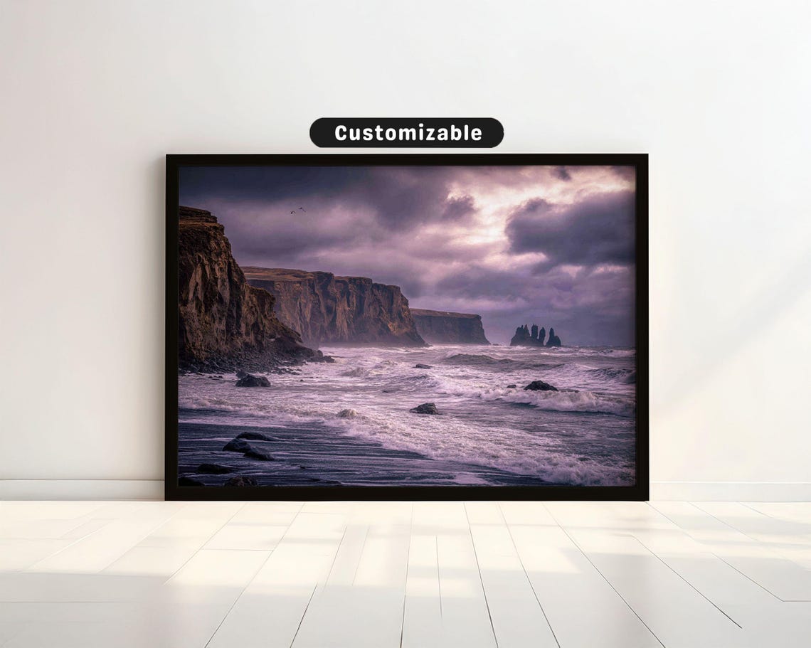 Iceland Dramatic Cliffs Stormy Sea Black Sand Coast Photo Poster