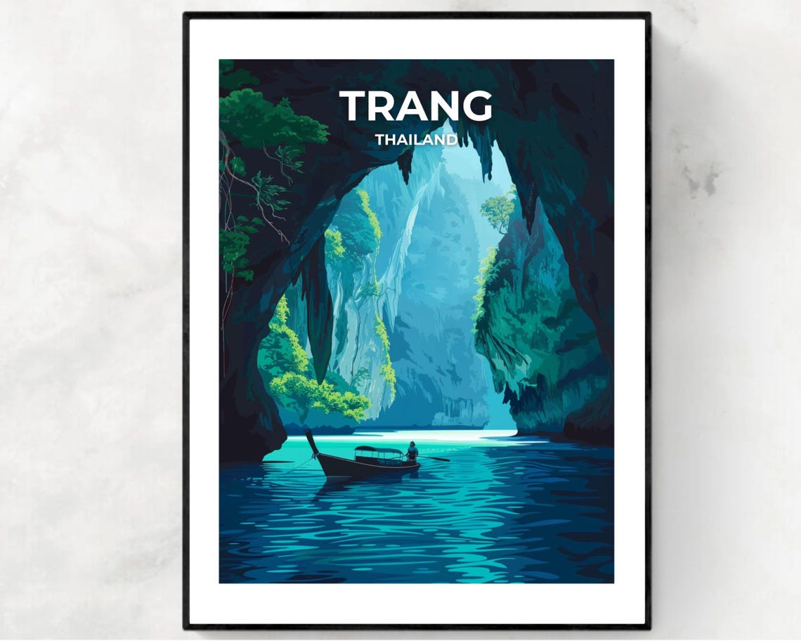 Trang Thailand Longtail Boat Cave Poster with Emerald Water and Cliffs