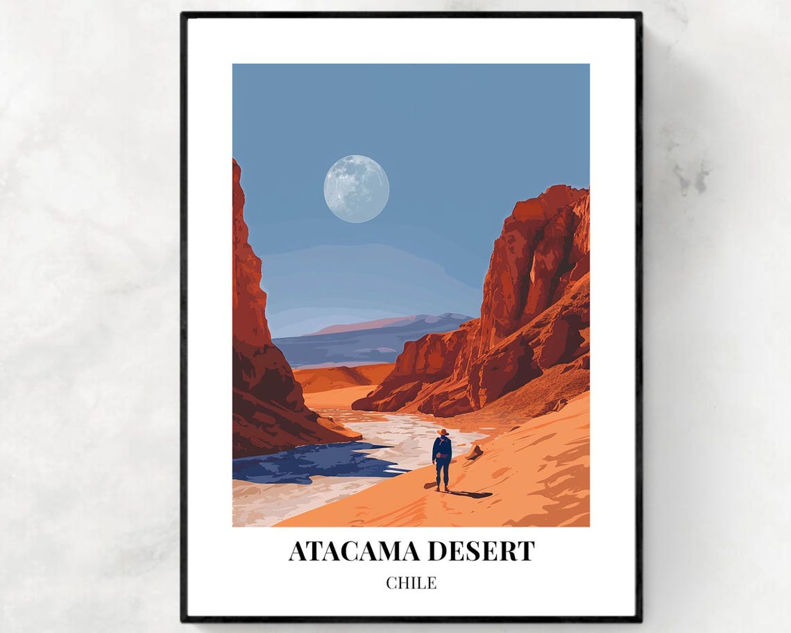 Atacama Desert Chile Daytime Canyon Hiker Red Rock Moon Poster
