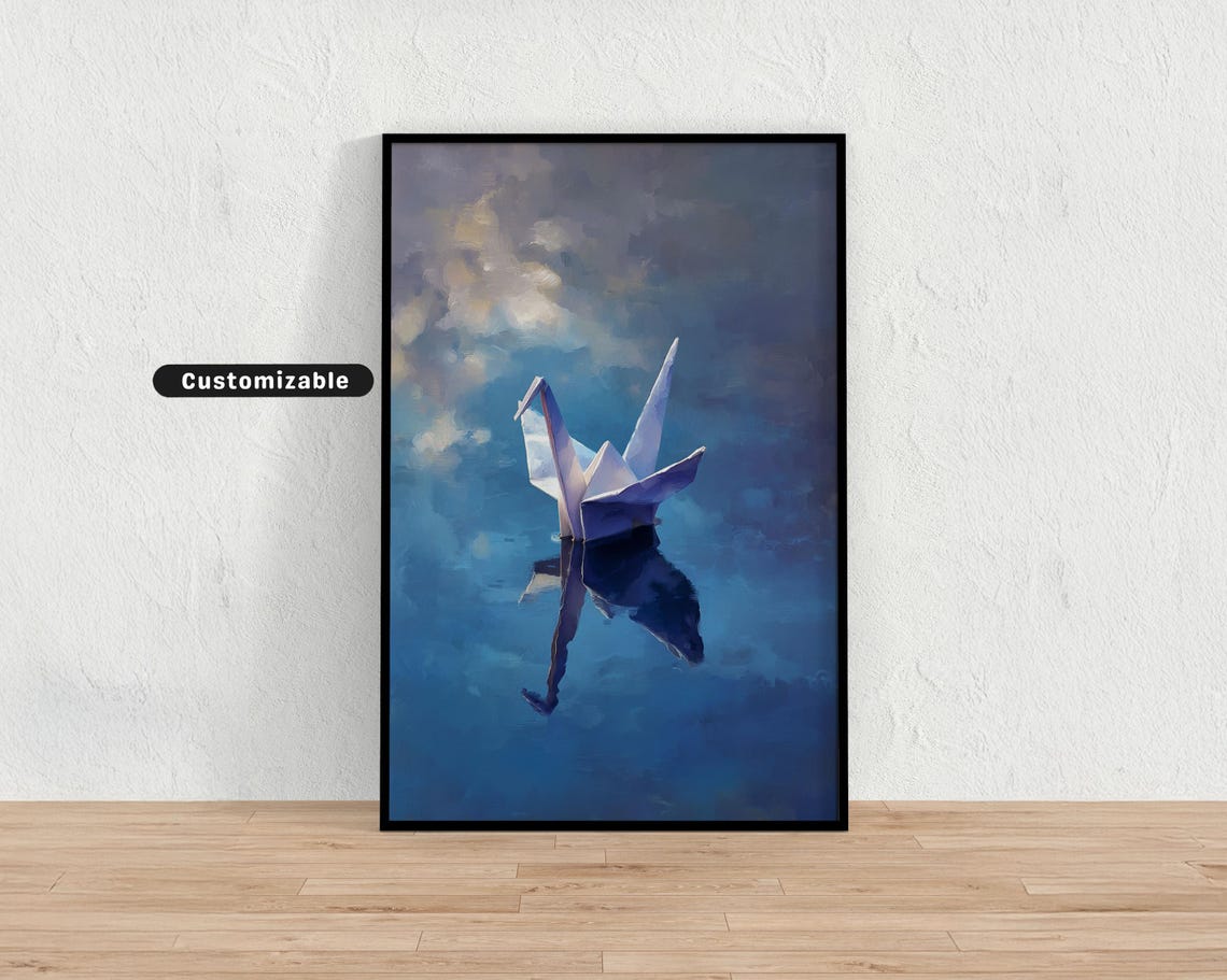 Paper Crane Floating On Still Water In Soft Brush Strokes Japanese Wall Art Print Zen Asian Decor