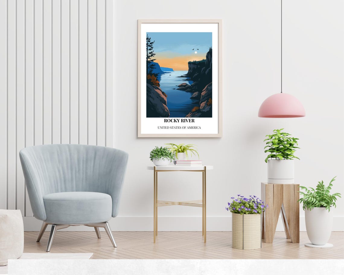 Rocky River Sunset Cliffs Kayak White Border Classic Travel Poster - Image 2