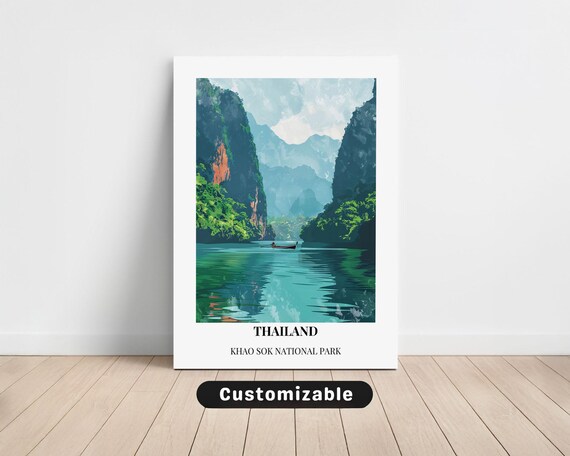 Thailand Khao Sok National Park Travel Poster Limestone Gorge Boat