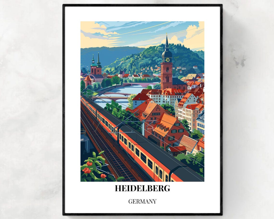 Heidelberg Germany Riverside Red Train City View Travel Poster
