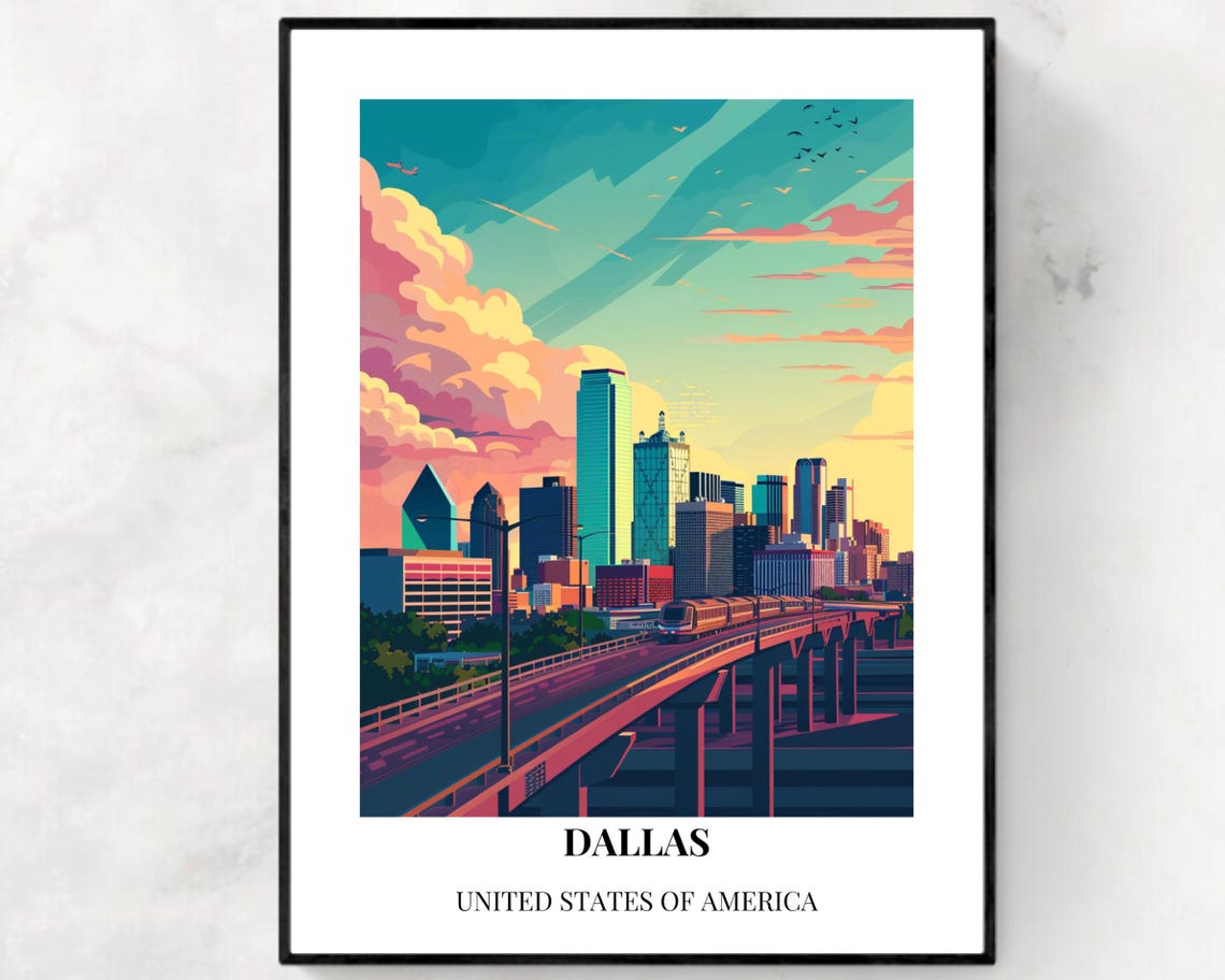 Dallas Texas Skyline Sunset Light Rail Bridge City Travel Poster