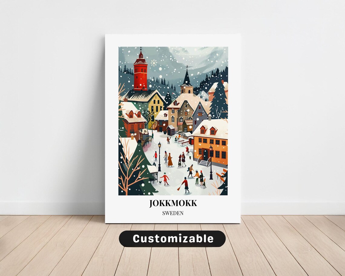 Jokkmokk Sweden Snowy Winter Village Church Scene Travel Poster Art
