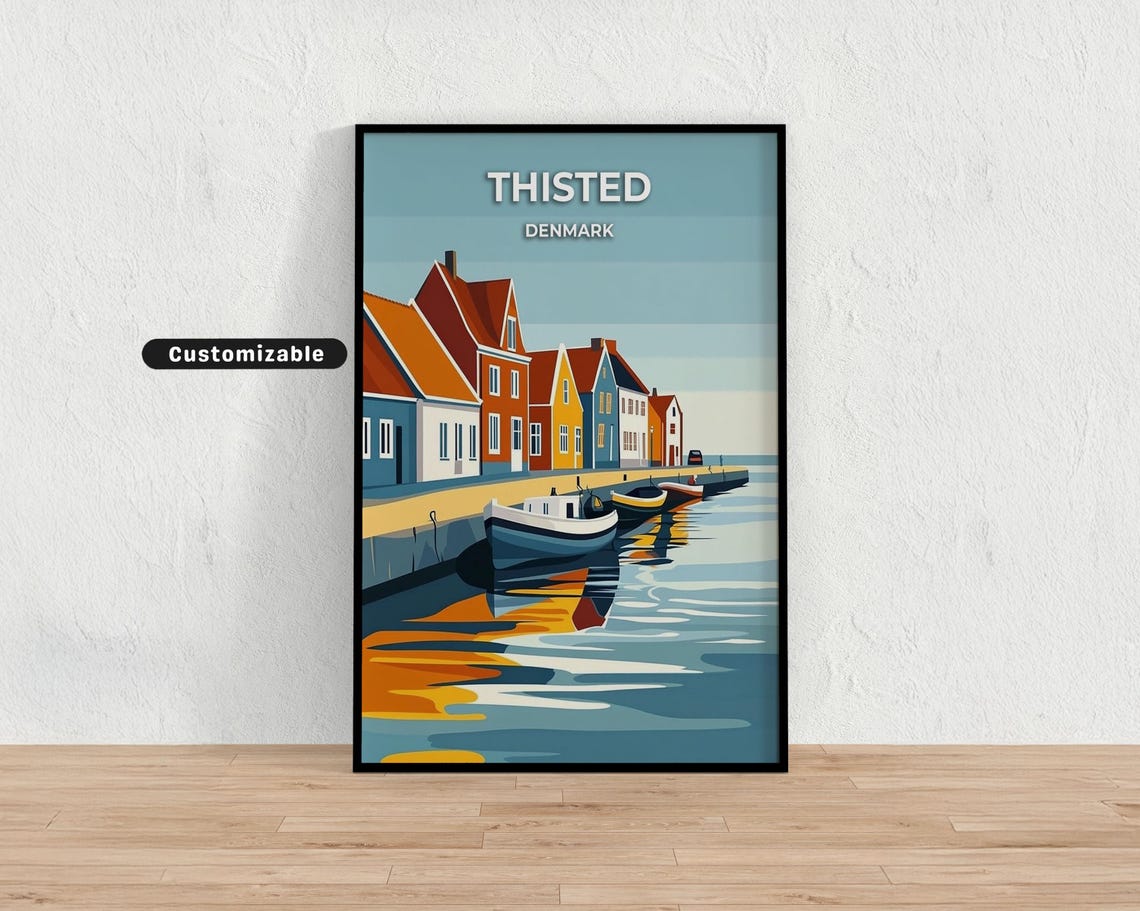 Thisted Denmark Colorful Harbor Boats Waterfront Travel Poster