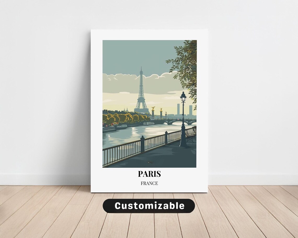 Paris France Eiffel Tower Seine Embankment Vintage Travel Poster