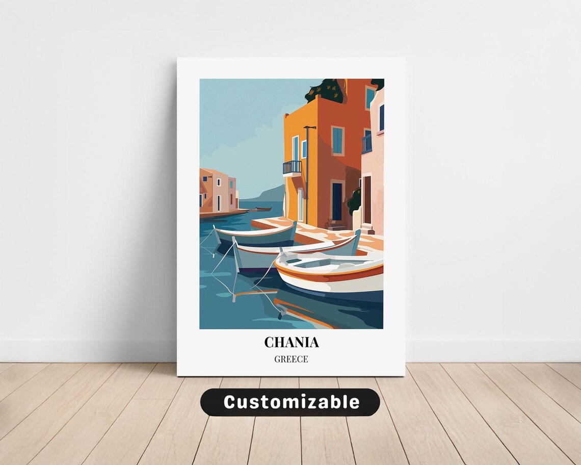 Chania Greece Old Harbor Boats Orange Houses Vintage Travel Poster