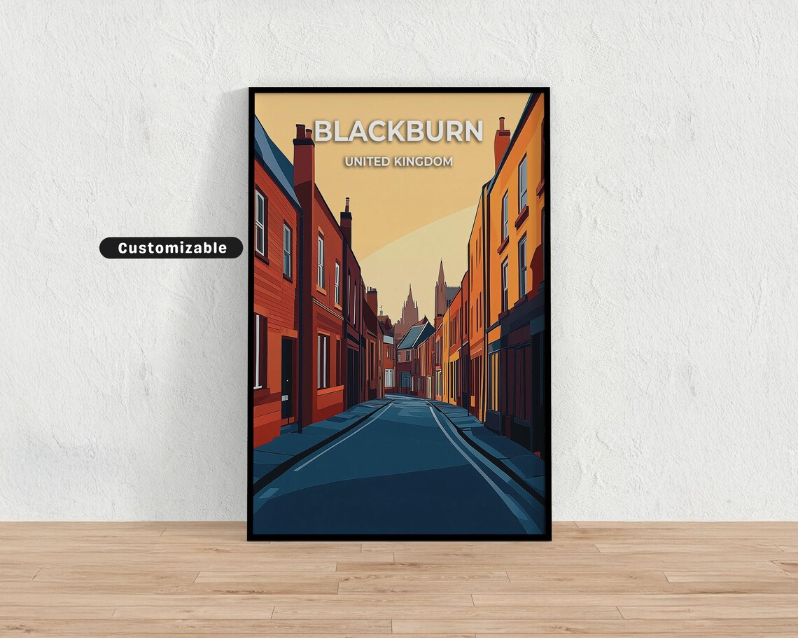 Blackburn United Kingdom Sunset Row Houses Street Custom Travel Poster