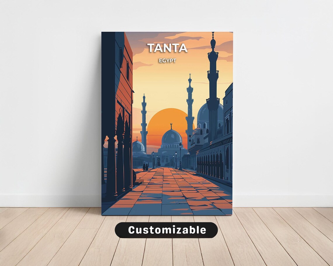 Tanta Egypt Sunset Travel Poster with Mosque Dome Minarets and Old Plaza