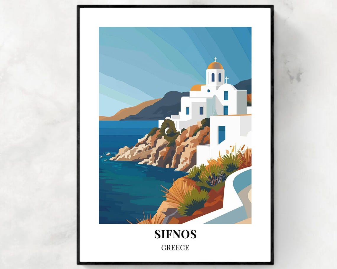 Sifnos Greece White Church Cliffside Aegean Sea Vista Poster