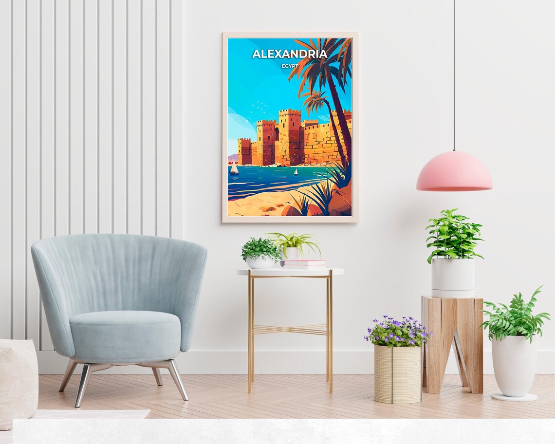 Alexandria Egypt Qaitbay Citadel Sunset Palms Beach View Travel Poster - Image 2