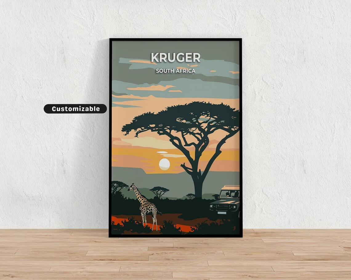 Kruger South Africa Giraffe Acacia Safari Retro Travel Poster